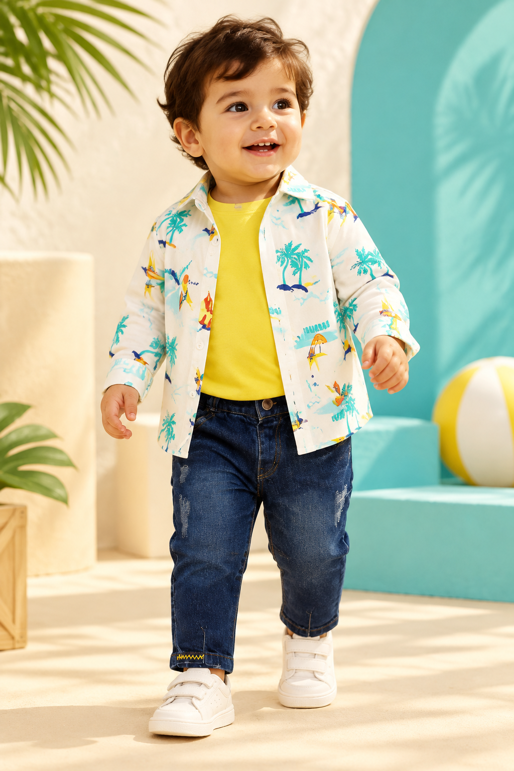 Toddler wearing white tropical-print shirt over yellow tee with dark denim jeans