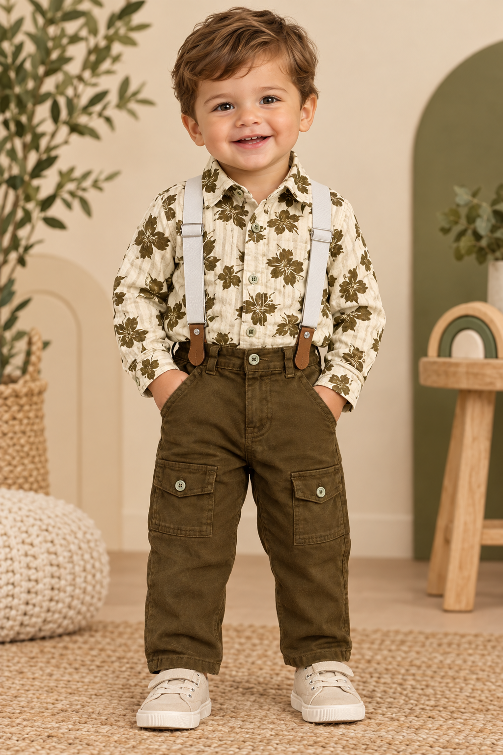 Toddler wearing cream floral shirt, olive cargo pants and suspenders