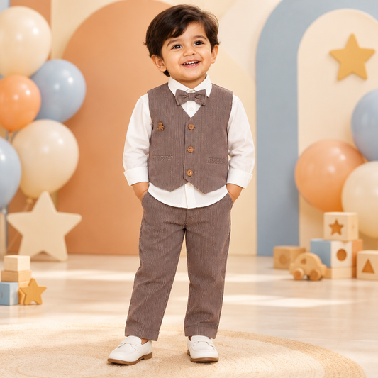 Toddler boy wearing striped waistcoat, shirt, trousers and bow tie in a playful birthday studio
