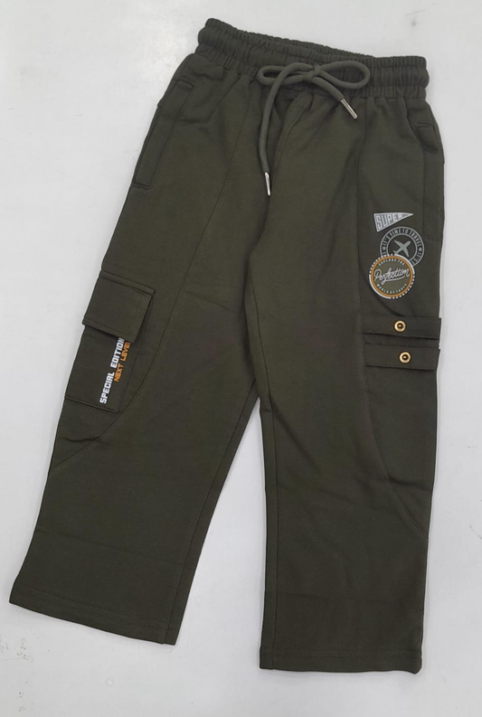 Mint Kids 2041 Boys olive green cargo jogger pants with badge patches and cargo pockets
