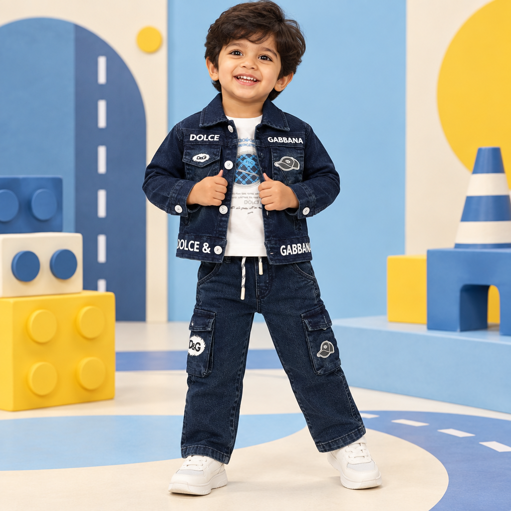 Toddler boy wearing printed denim jacket, tee and matching jeans in a playful denim-street studio