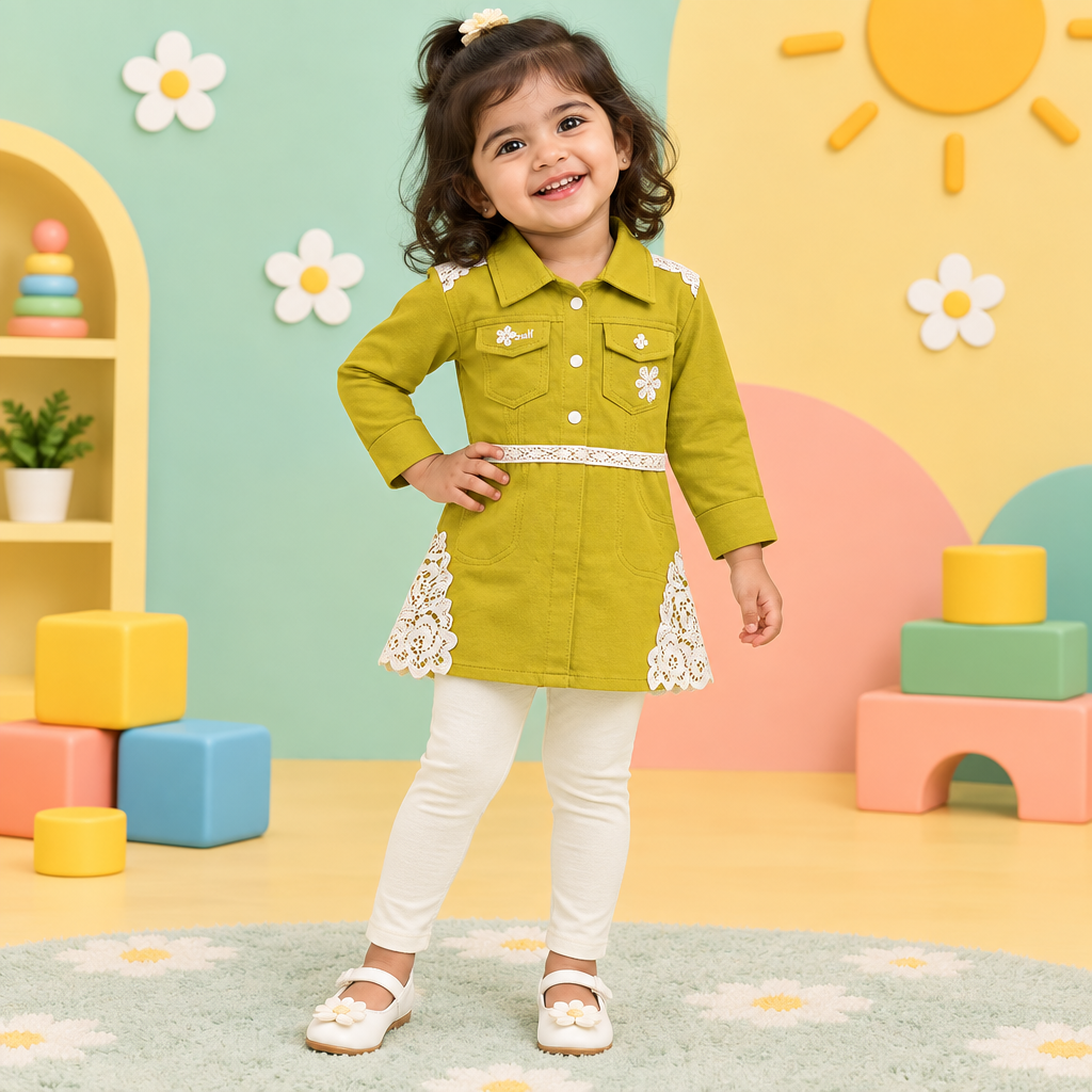 Toddler girl wearing mustard lace shirt and fitted full-length cream leggings in a playful studio