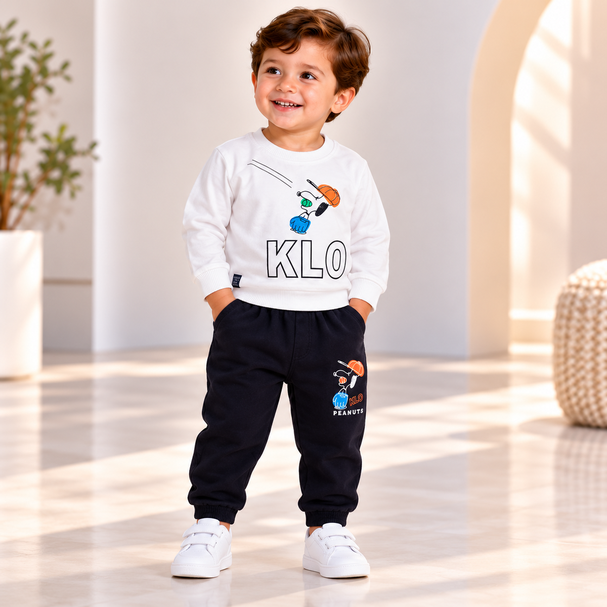 Boy wearing a white cartoon graphic long-sleeve top with black graphic joggers