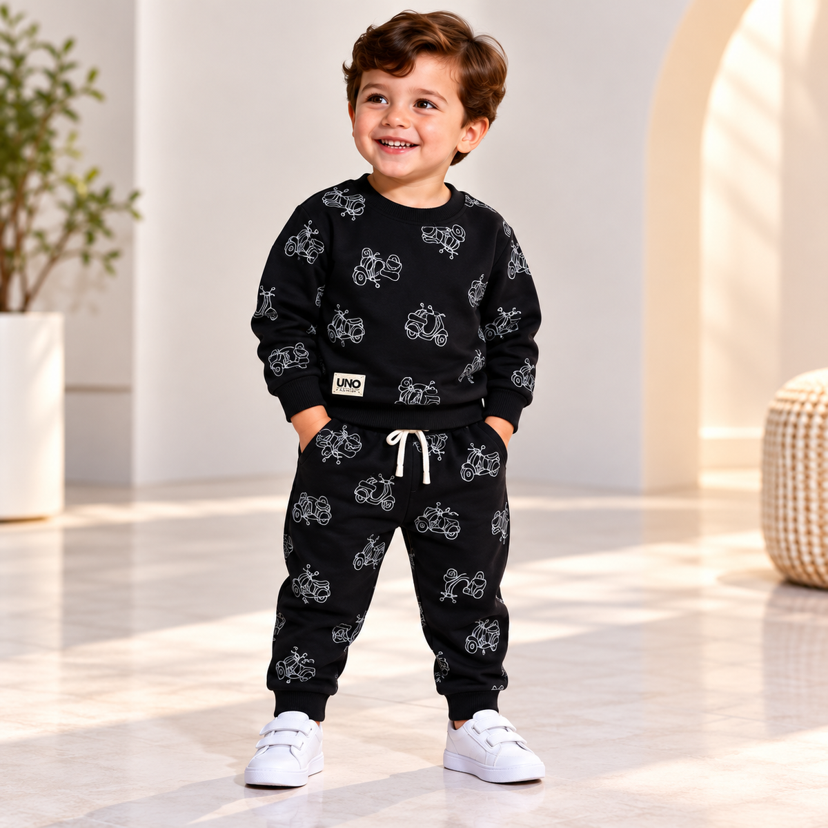 Boy wearing a black sweatshirt and matching joggers with all-over white scooter prints