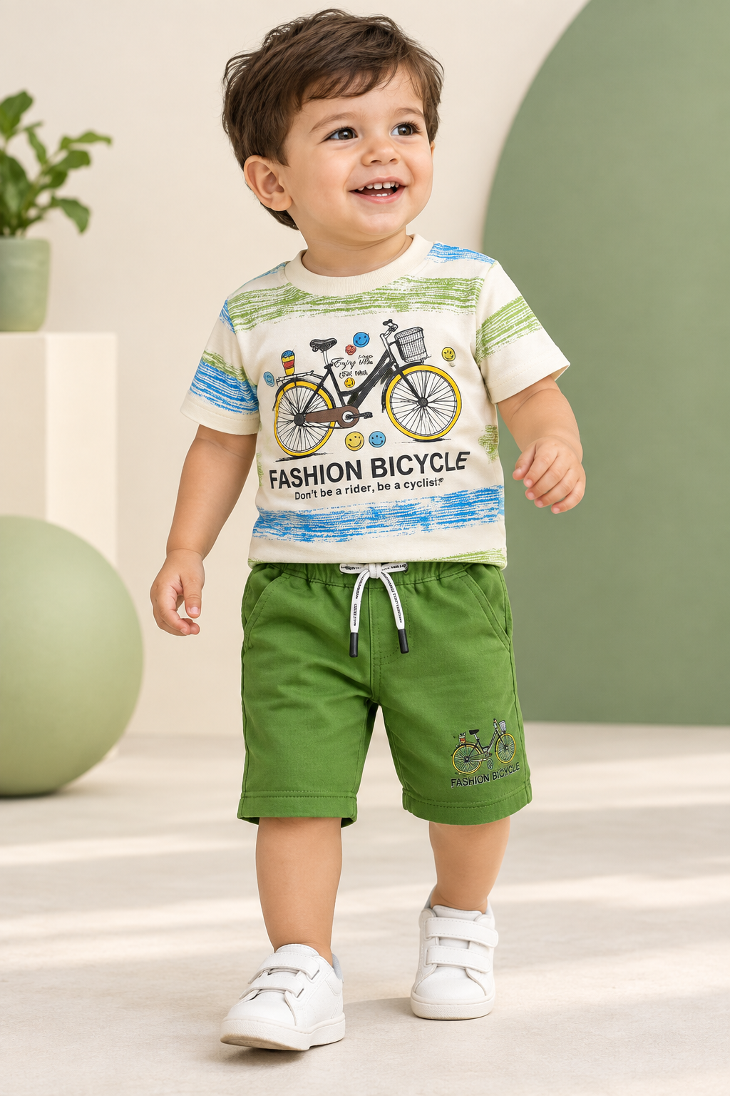 Toddler wearing bicycle-print cream T-shirt and green capri pants