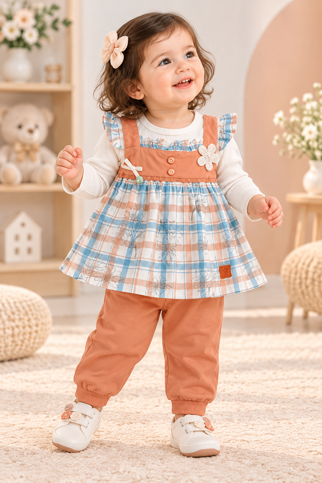 Baby girl wearing a pastel checked tunic over a white long-sleeve top with peach pants