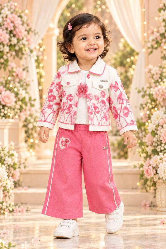 Toddler girl wearing floral print jacket and pink pants in a garden party setting