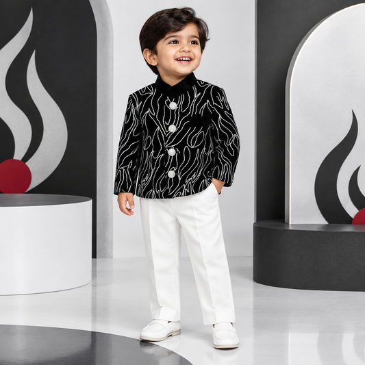 Toddler boy wearing black double-breasted jacket with white flame embroidery and white pants