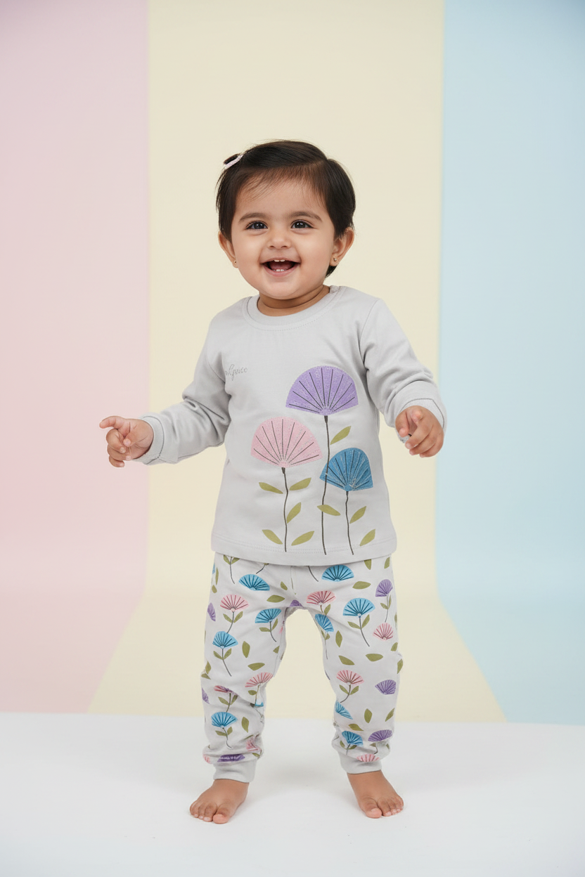 Baby girl wearing grey dandelion fan flower applique top and matching printed white jogger pants - mockup