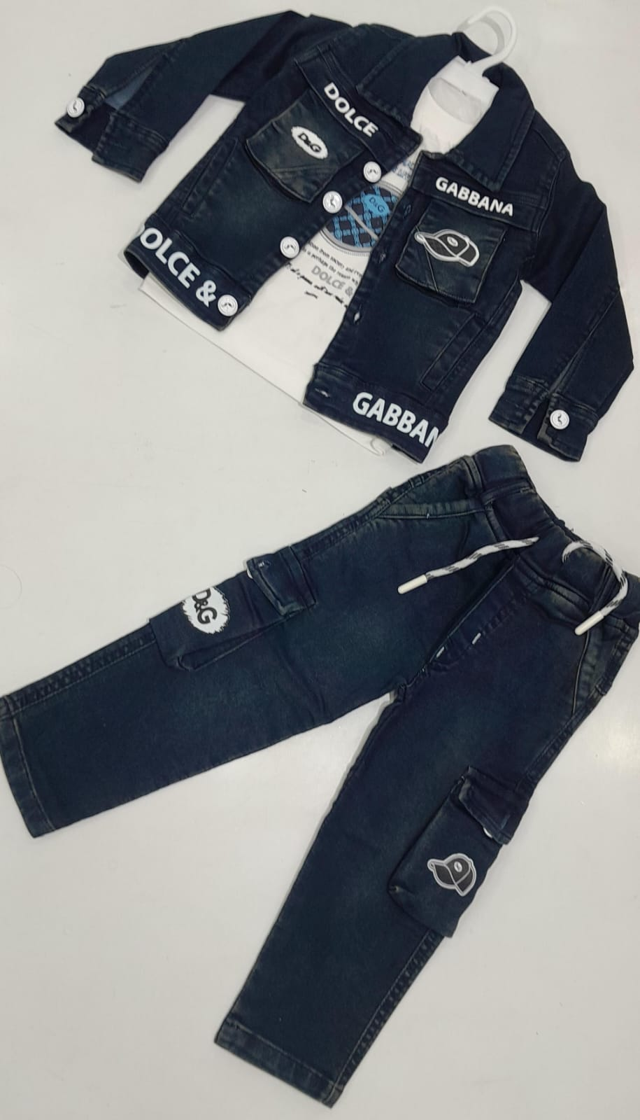 Mint Kids 50 – 3-piece boys dark denim printed jacket, white tee and matching jeans set