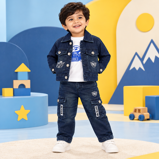 Toddler boy wearing Never Give Up denim jacket, graphic tee and cargo jeans with a clean covered waistband
