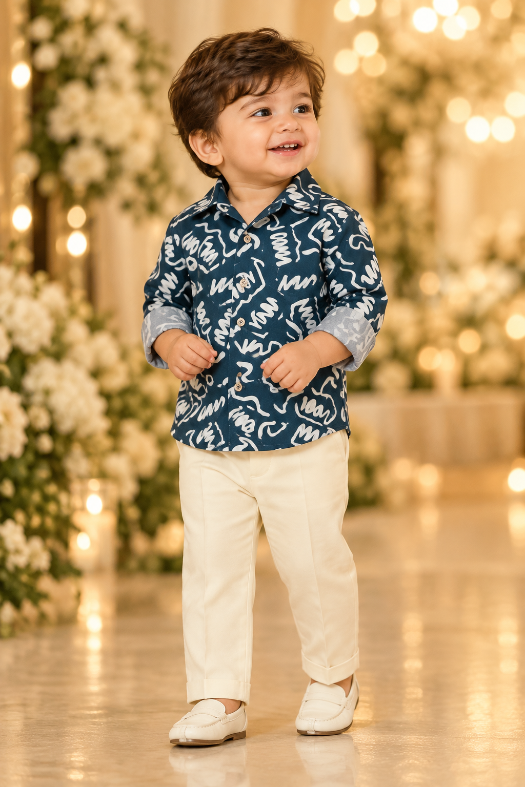 Toddler wearing dark blue-green abstract-print shirt and cream trousers in a reception setting