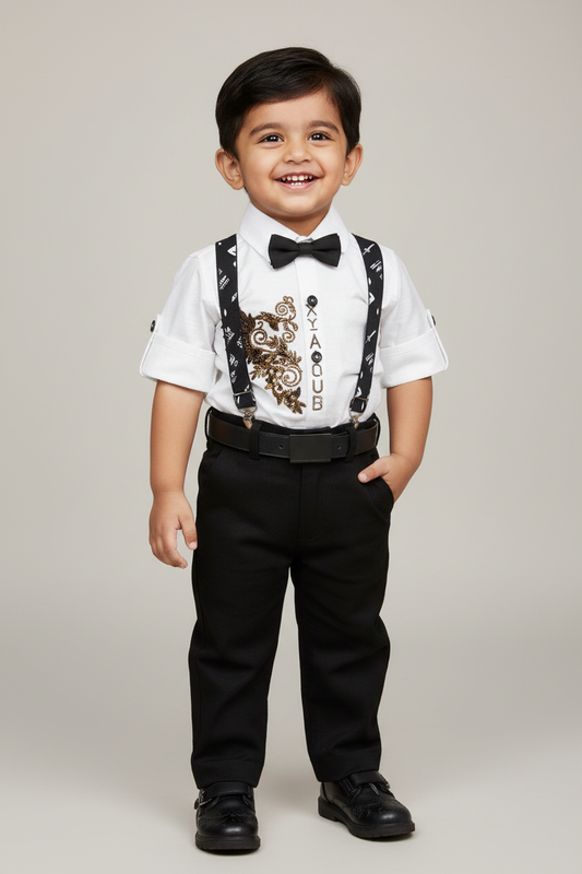 Baby boy wearing white dragon embroidery suspender shirt and black formal trousers set - mockup