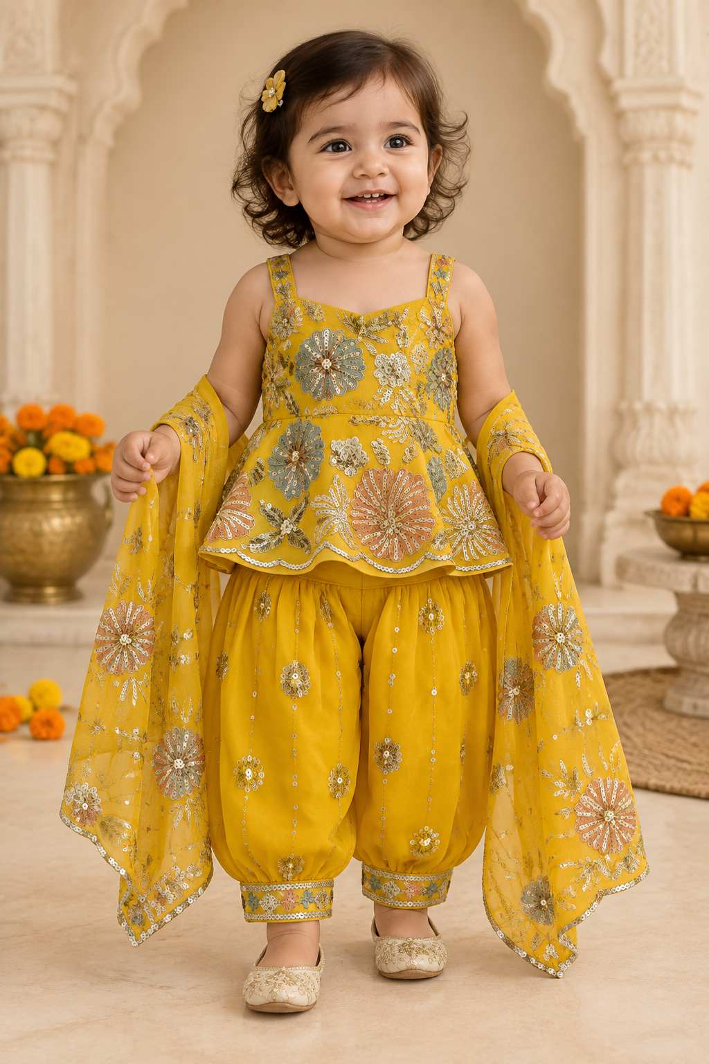 Baby girl in mustard embroidered peplum set in an ethnic festive setting