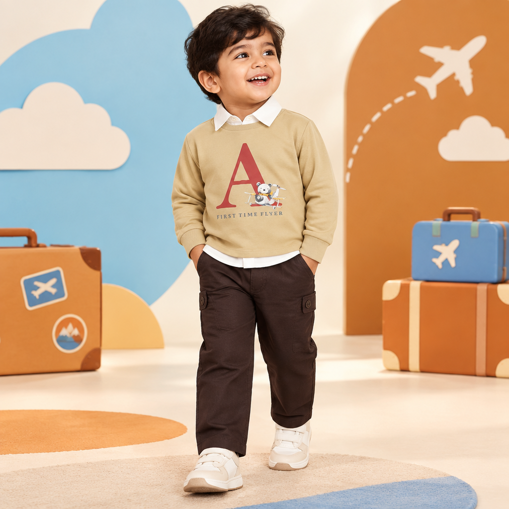 Toddler boy wearing beige First Time Flyer sweatshirt and dark brown pants with a clean covered waistband