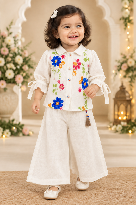 Toddler girl wearing floral embroidered top and full-length wide-leg palazzo