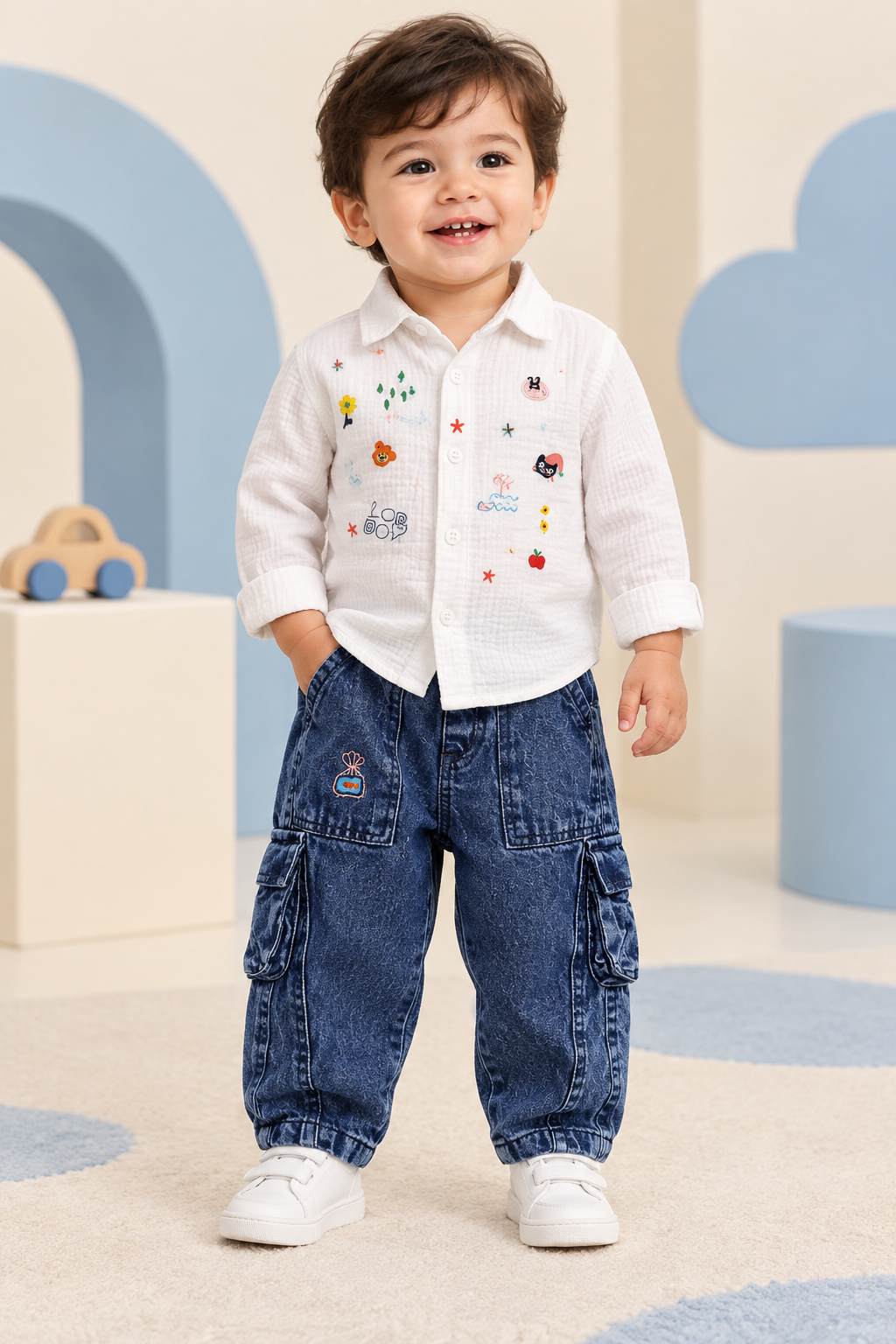 Toddler wearing white doodle-detail shirt with relaxed cargo-style denim pants