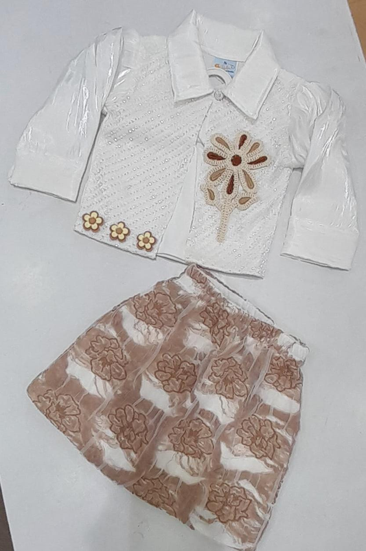 Mint Kids ML36 Girls white sequin embroidered shirt with rose gold jacquard floral skirt