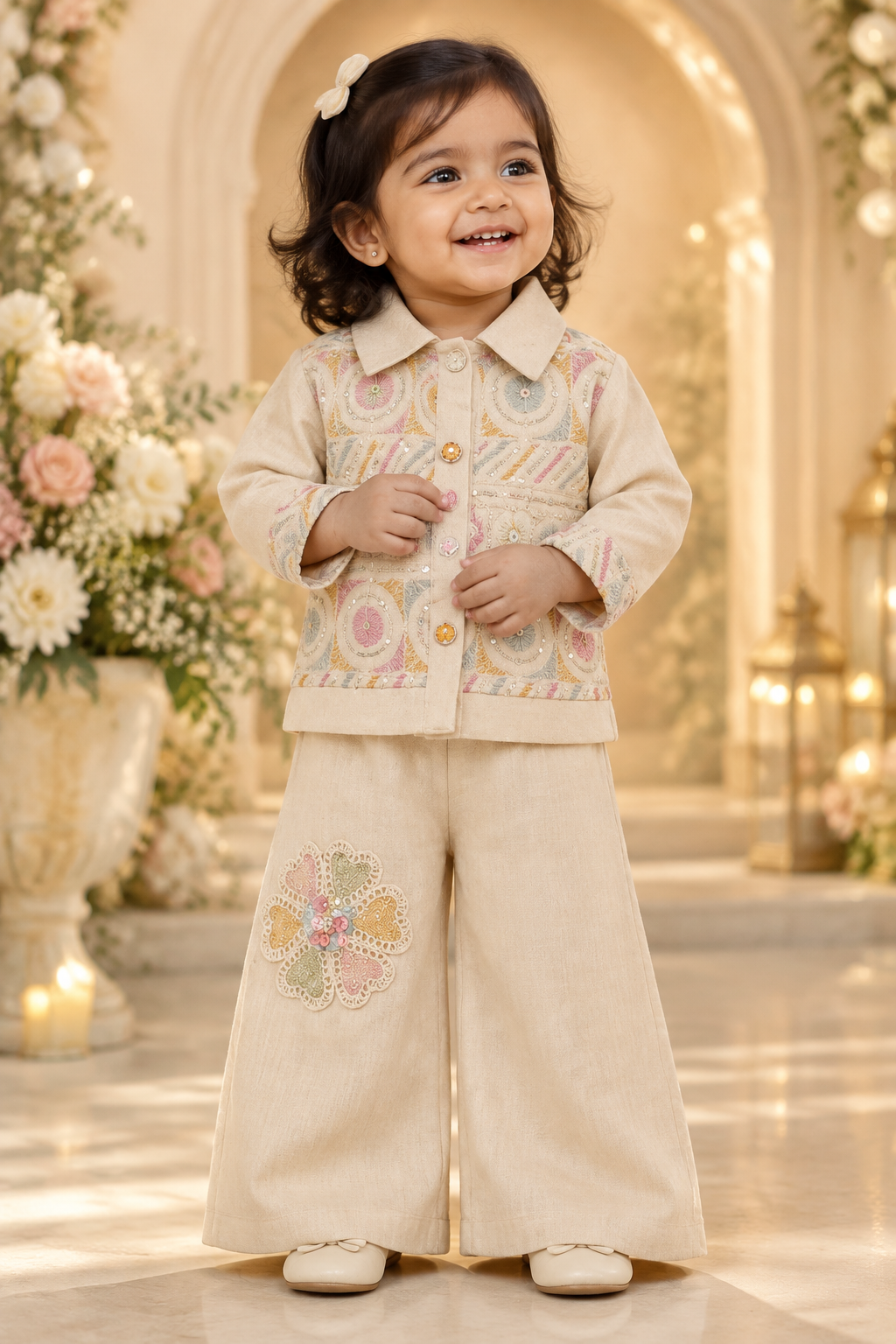 Toddler girl wearing cream sequin floral embroidered jacket and wide-leg pants