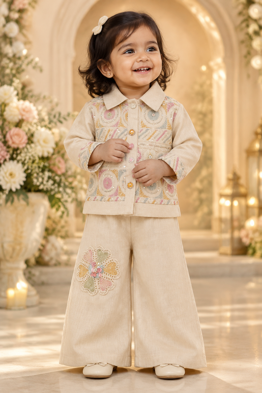 Toddler girl wearing cream sequin floral embroidered jacket and wide-leg pants