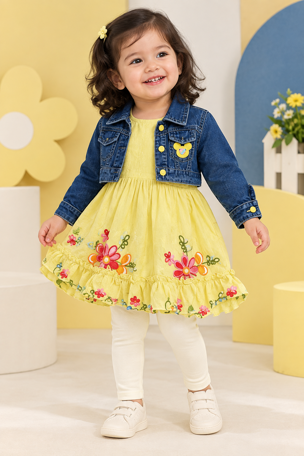 Toddler girl wearing knee-length yellow floral frock, denim jacket and cream leggings