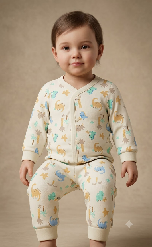 Child wearing cream animal-print top and matching pants