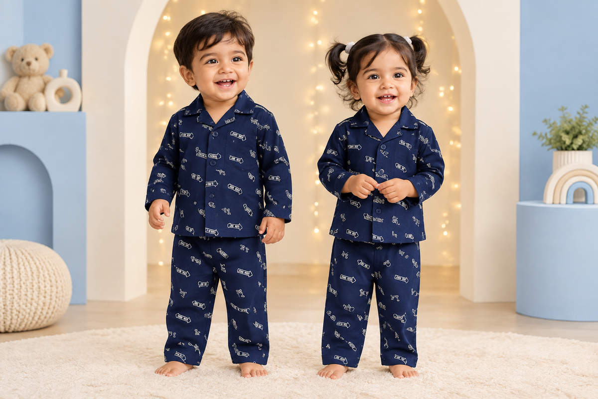 Toddler boy and girl both wearing navy blue NY and arrow print pyjama sets