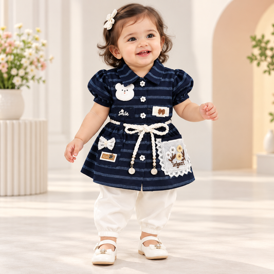 Girl wearing a navy striped bear-detail tunic with puff sleeves and white pants