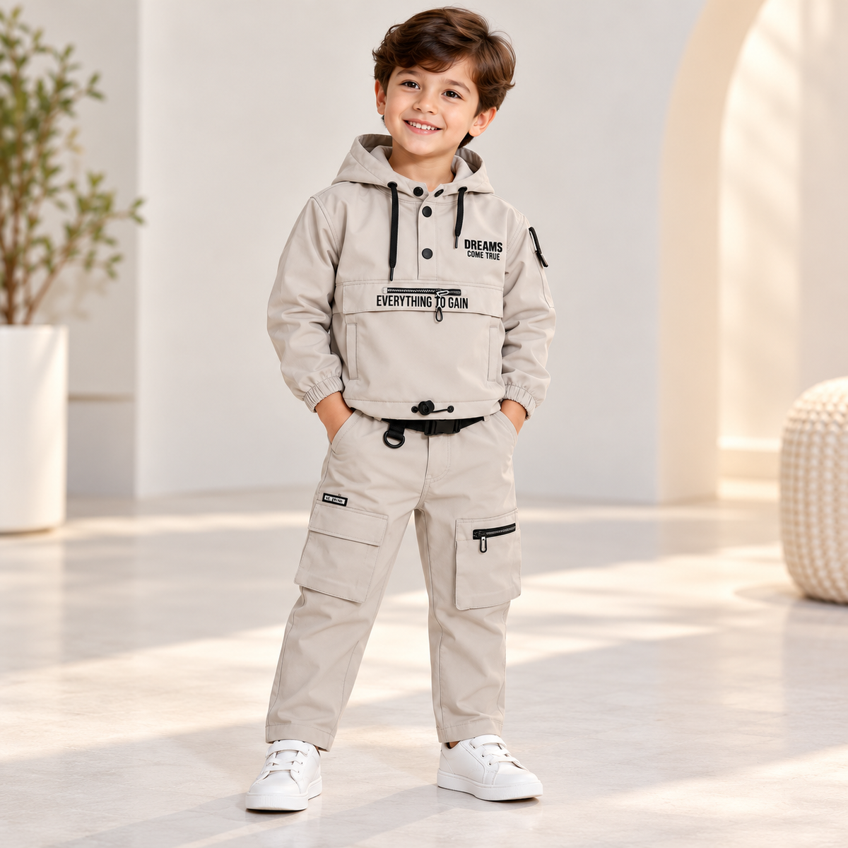 Boy wearing a light grey graphic hooded pullover and matching cargo pants with black zip details