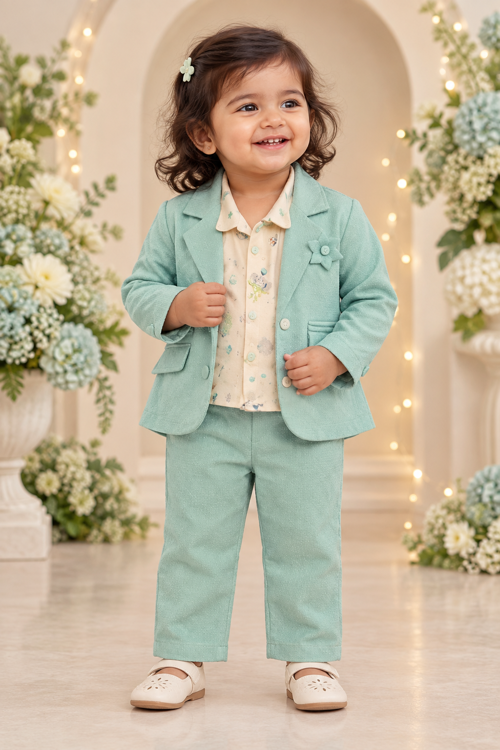 Toddler girl wearing mint green blazer, inner top and matching pants