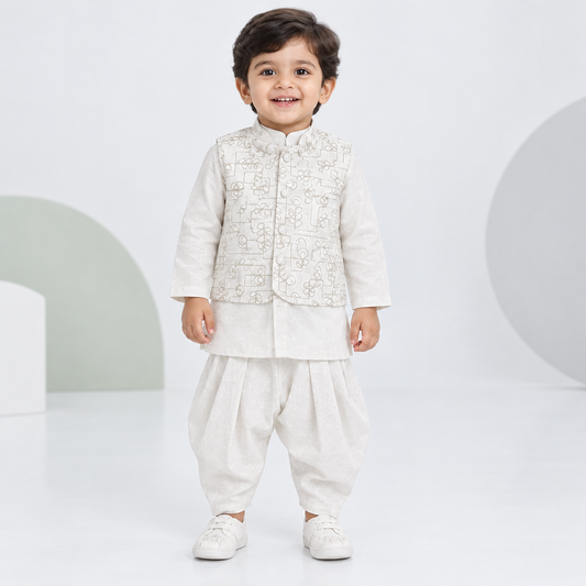Toddler boy wearing pale ivory-white ethnic kurta, embroidered waistcoat, Pathani-style lower and matching shoes