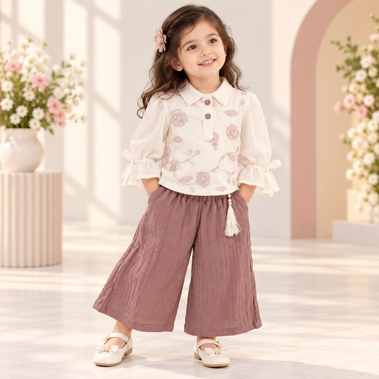 Girl wearing a white floral collared top with bow cuffs and mauve wide-leg palazzo pants