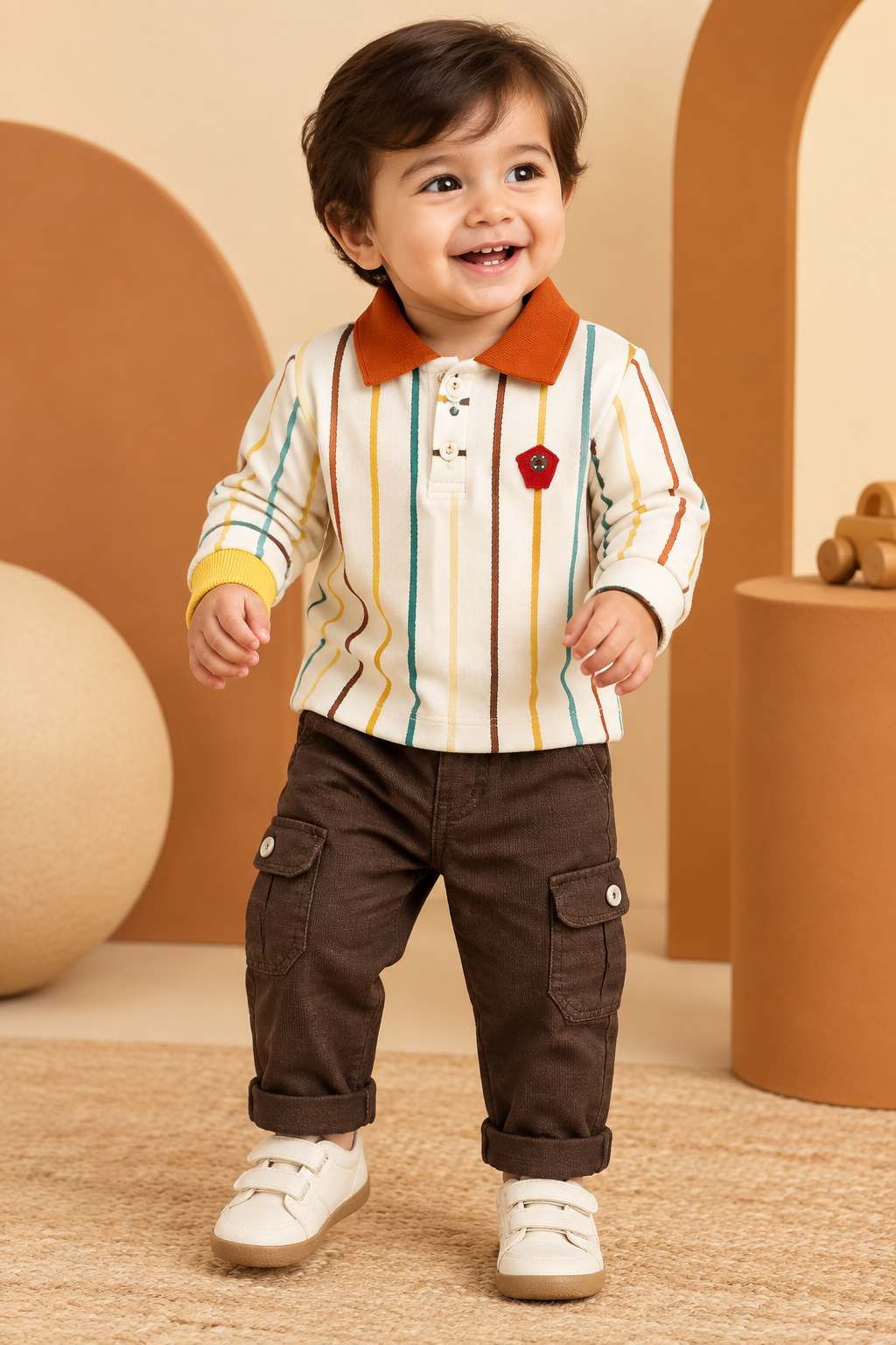 Toddler wearing multicolour striped polo top and brown cargo pants