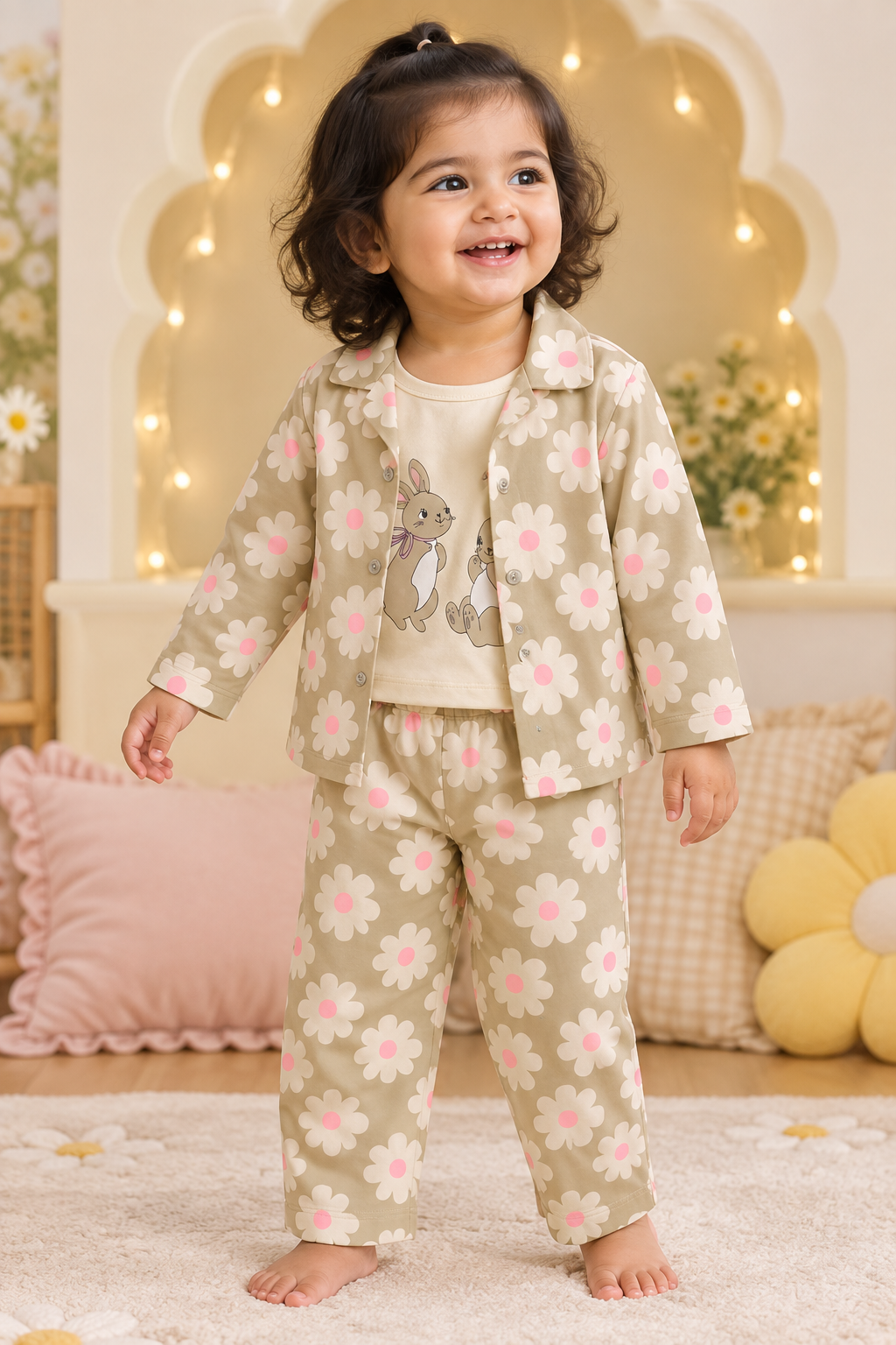 Toddler girl wearing beige daisy and bunny print pyjama top and pants