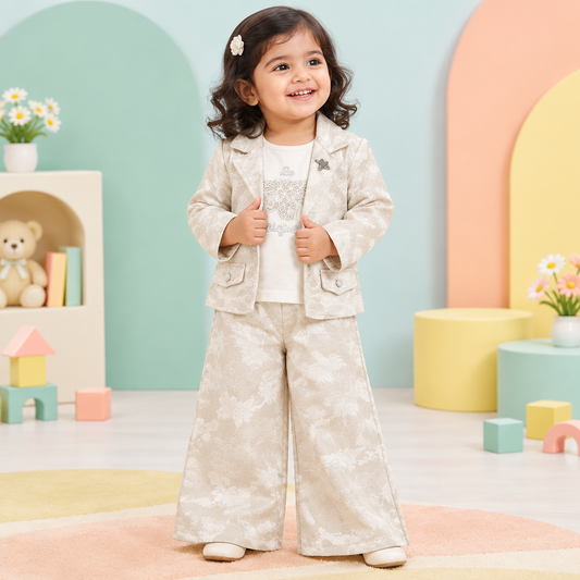 Toddler girl wearing cream floral blazer and wide-leg pants in a playful studio