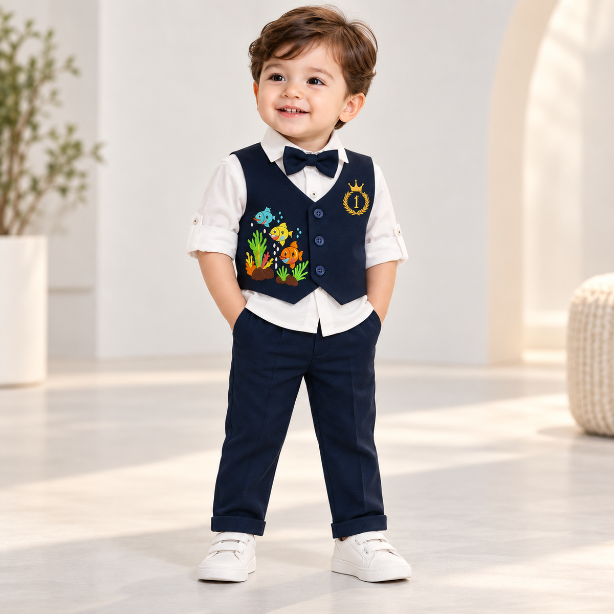 Boy wearing a white shirt with navy fish-detail waistcoat, matching pants and bow tie