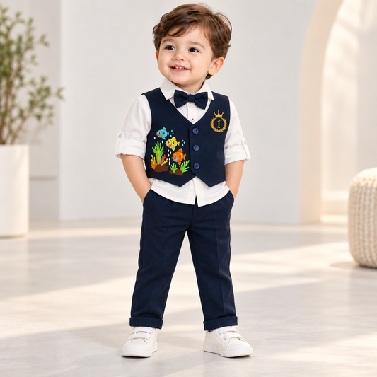 Boy wearing a white shirt with navy fish-detail waistcoat, matching pants and bow tie
