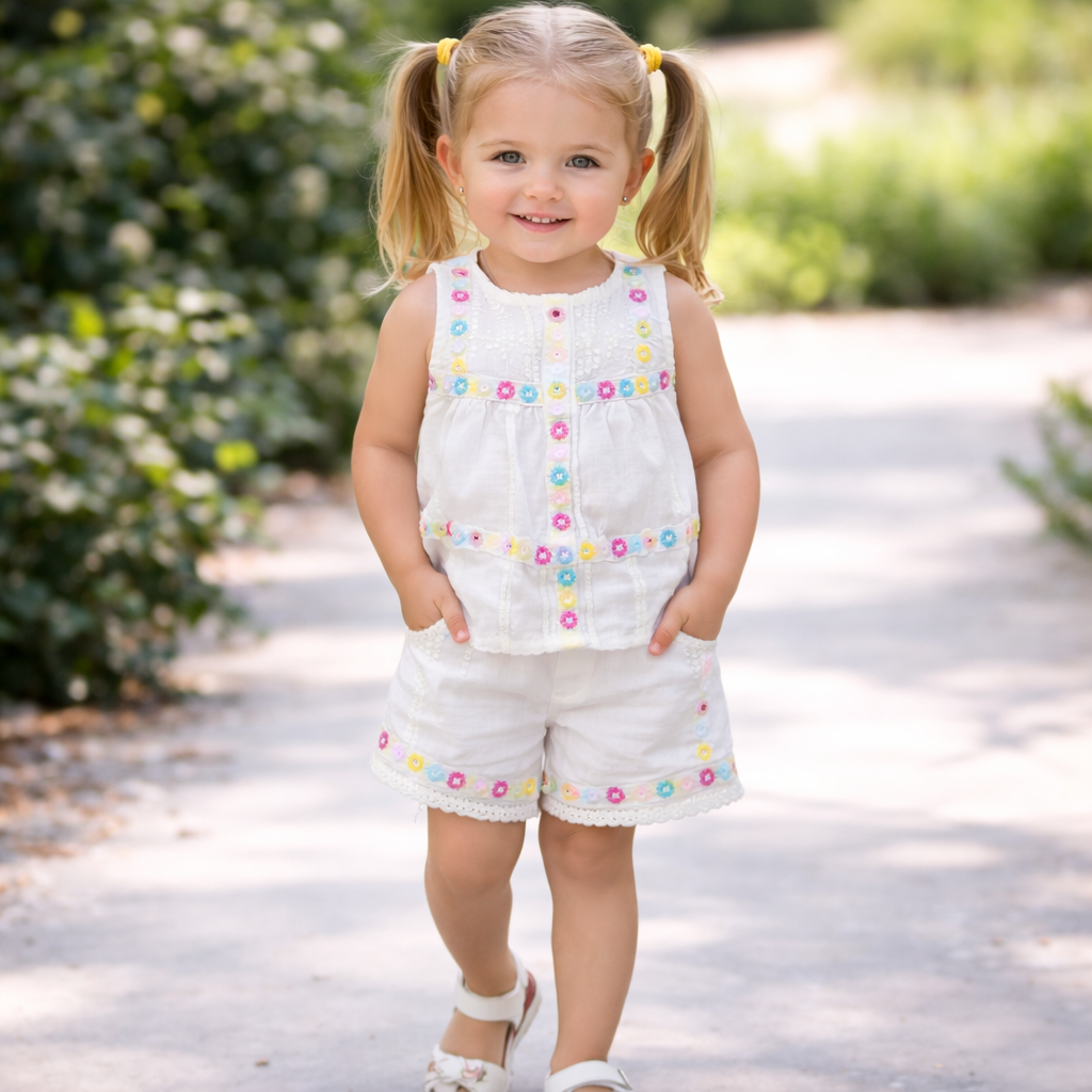 Girls White Embroidered Top with Shorts Set