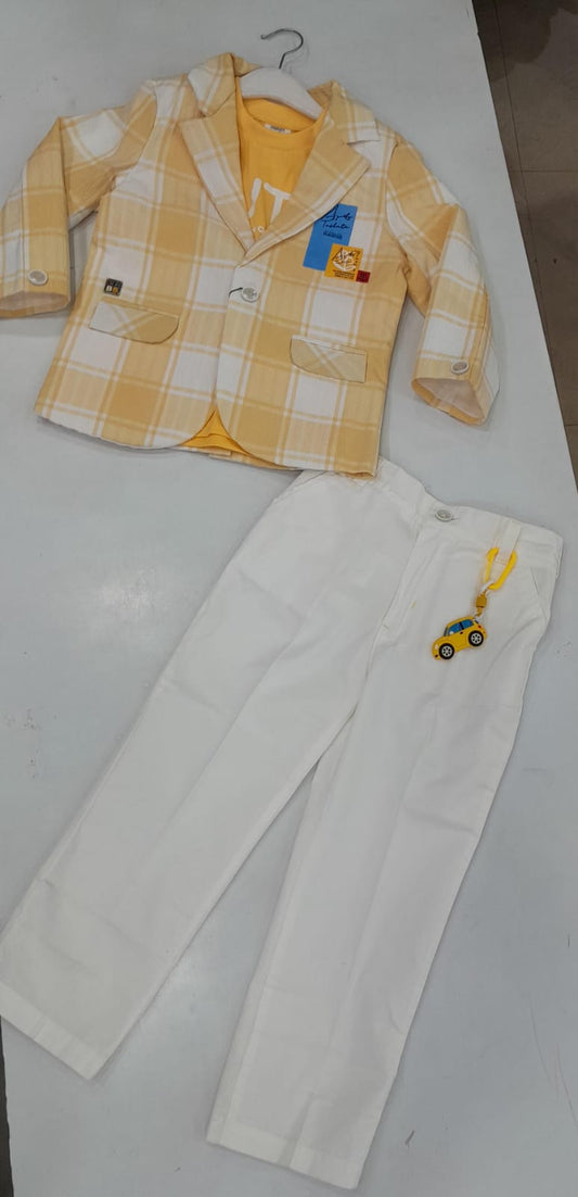 Boys Yellow Check Blazer & White Pants Set – 2240