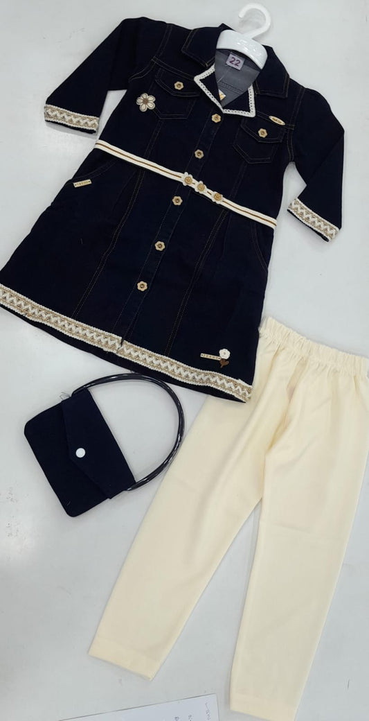 Girls Denim Kurti & Cream Pants Set – 5071