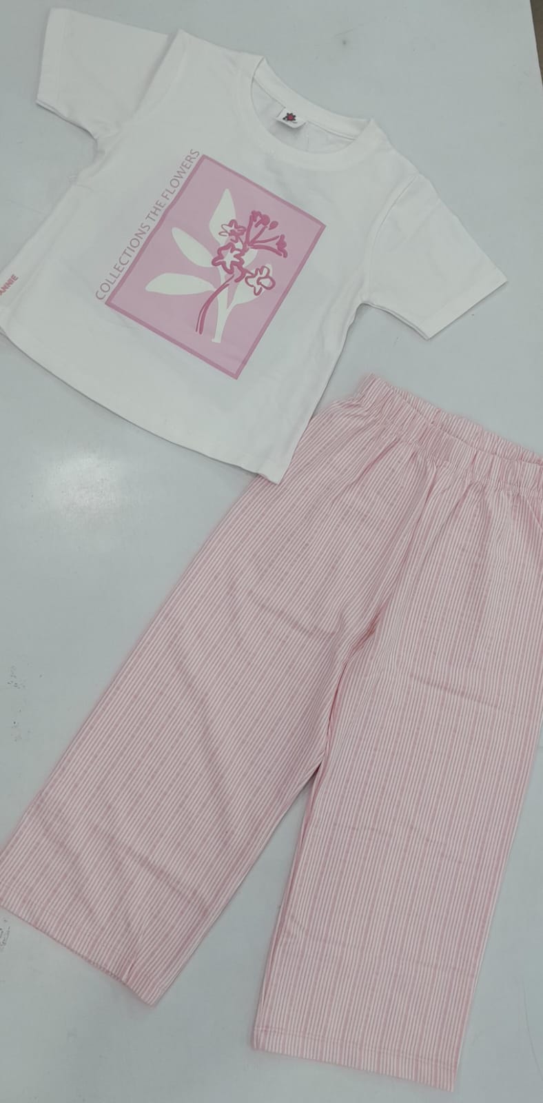Girls Floral Print Tee & Pink Stripe Pants Set – 7167