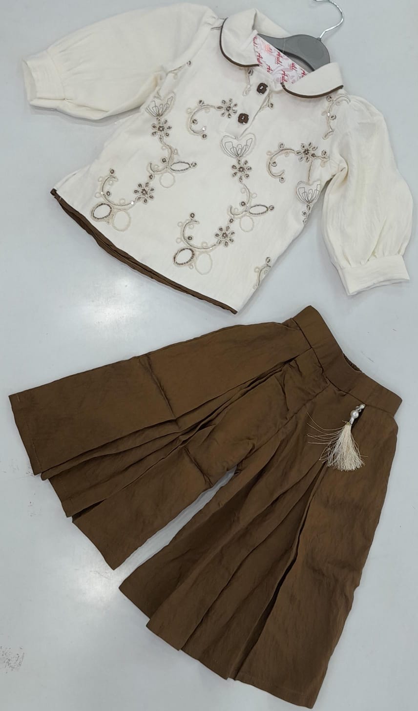 Girls Embroidered Top & Brown Palazzo Set – 1365