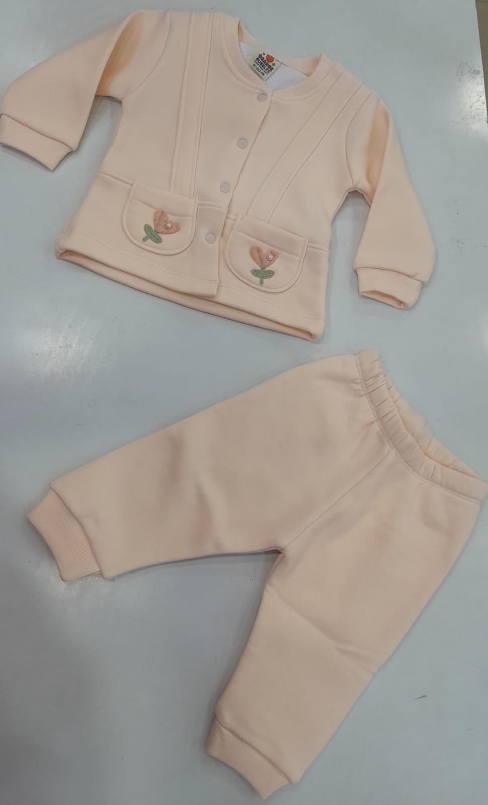 Baby Girls Peach Floral Appliqué Jacket & Jogger Set