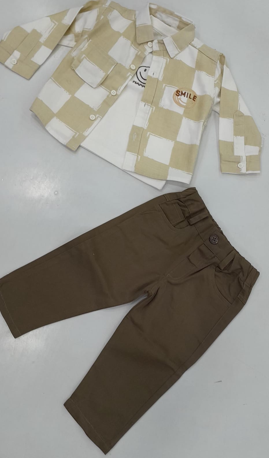 Boys Beige Checkerboard Shirt, Smile Tee & Olive Pants 3-Piece Set