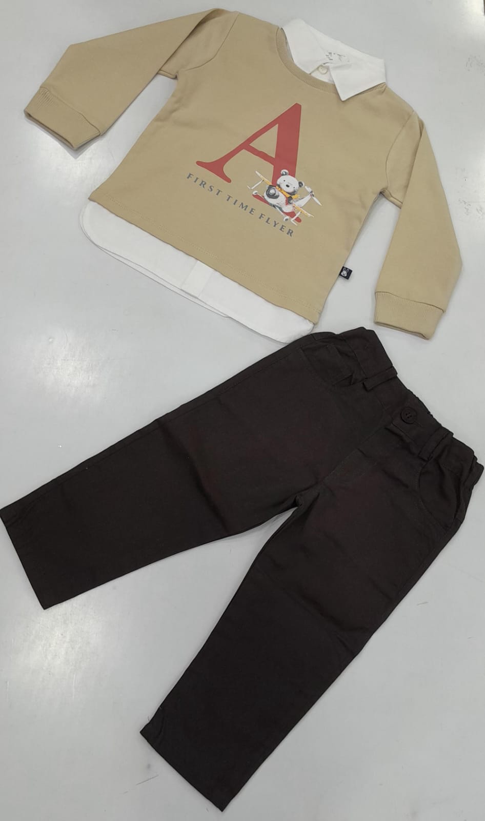 Boys Beige First Time Flyer Sweatshirt & Dark Brown Pants Set
