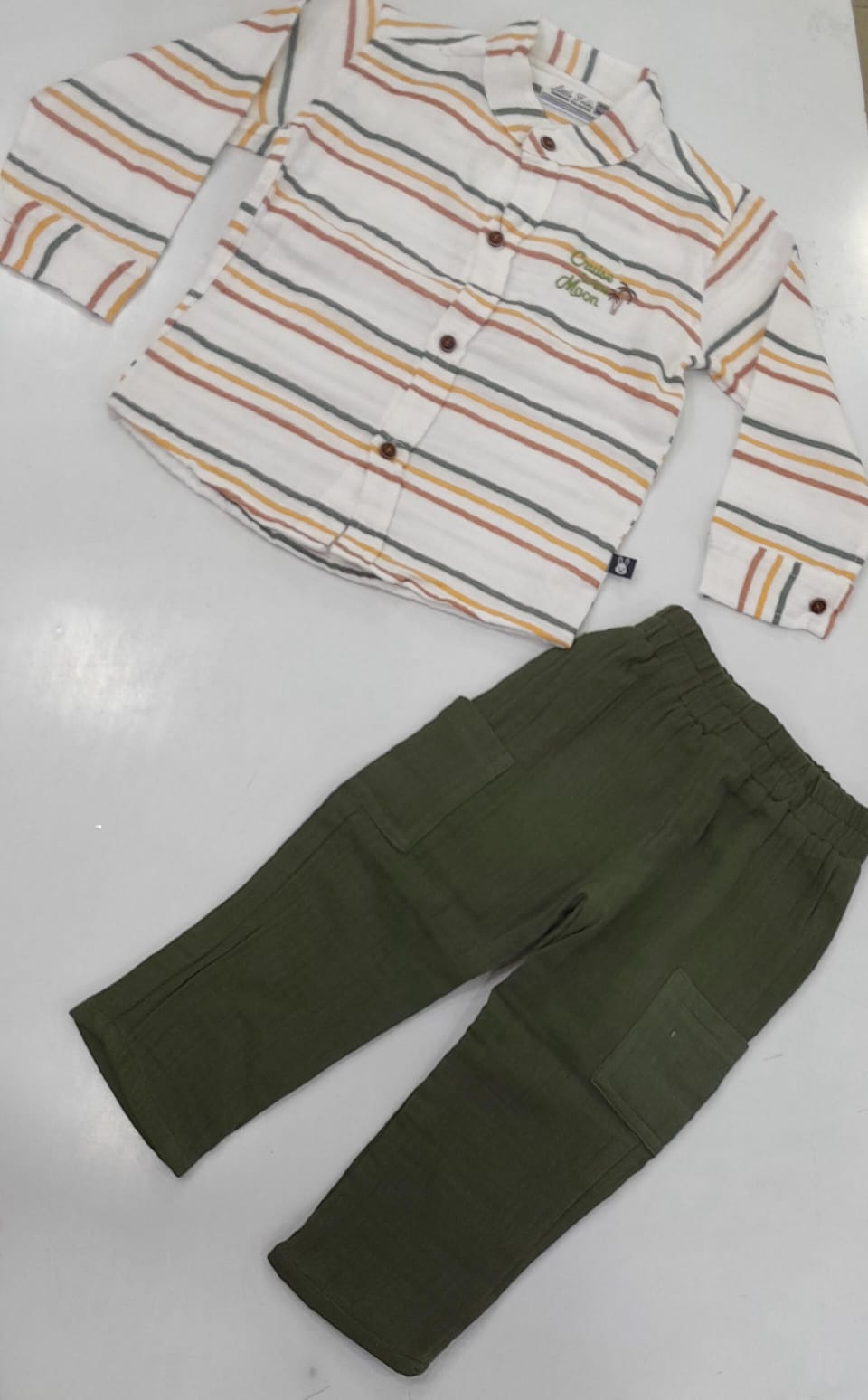 Boys Multicolour Stripe Shirt & Olive Cargo Pants Set