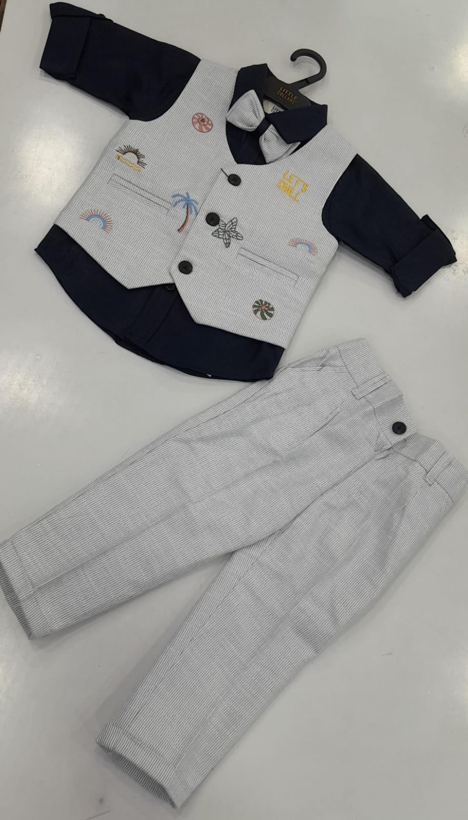 Boys Navy Shirt, Tropical Embroidered Waistcoat & Pinstripe Pants 3-Piece Set