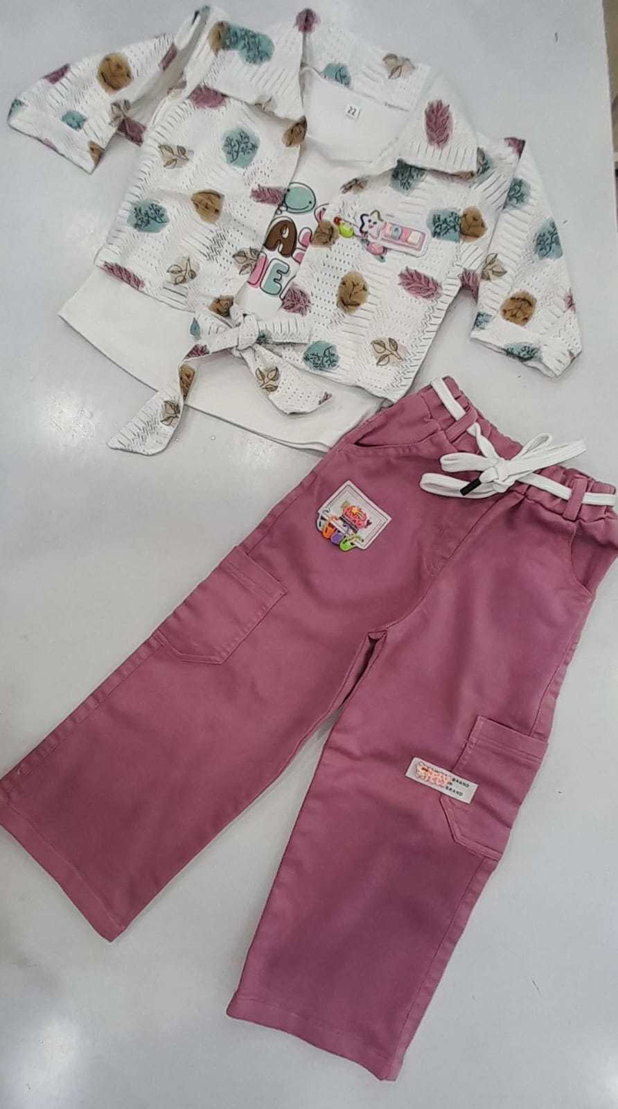 Girls White Autumn Print Tie-Front Top & Pink Cargo Wide-Leg Pants Set