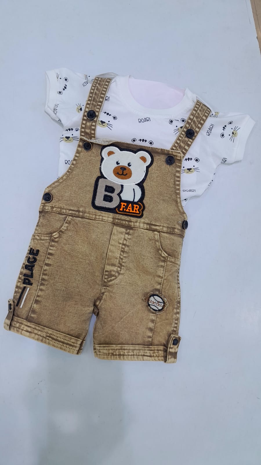 Boys White Roar Bear Print Tee & Khaki Bear F.AR Dungaree Shorts Set