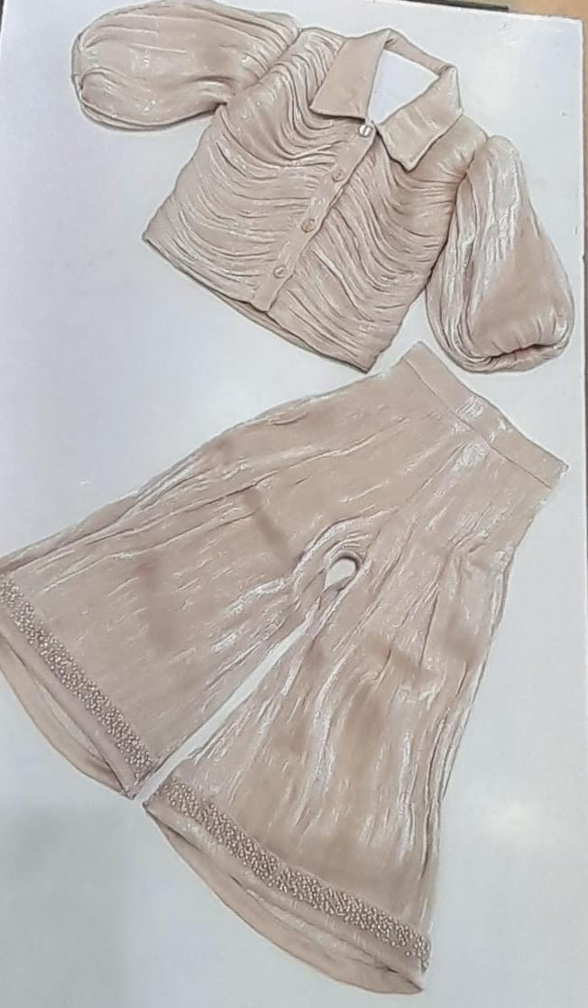 Girls Beige Shimmer Textured Puff-Sleeve Jacket & Pearl Trim Flared Pants Set